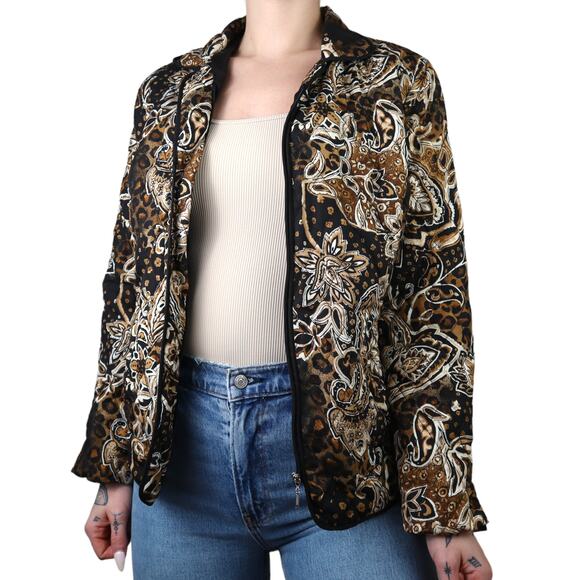 Vintage Quilted Floral Paisley Zip Up Jacket Womens M Black Tan Neutral - Picture 3 of 14